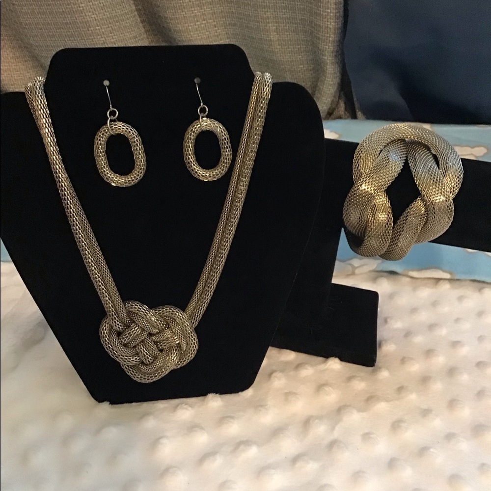 Silver mesh necklace earrings and cuff bracelet